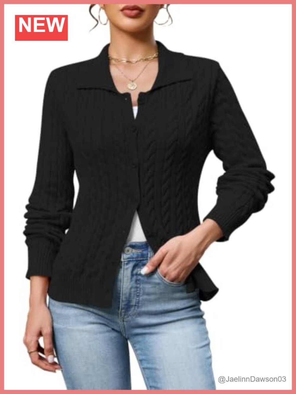 Cable Knit Button Up Cardigan Collared Sweater Casual